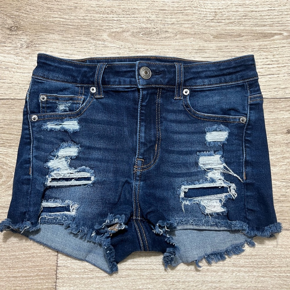 American Eagle Jean Shorts Women's Size 2 High-Rise Shortie Dark Wash Distressed